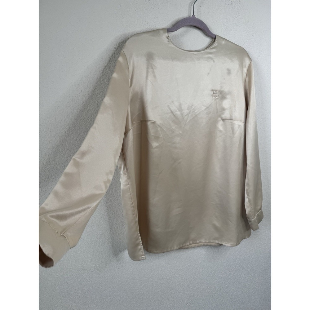 Vtg Givenchy Satin Blouse Champagne Embroidered Logo Women's 18W Quiet Luxury - Picture 3 of 11
